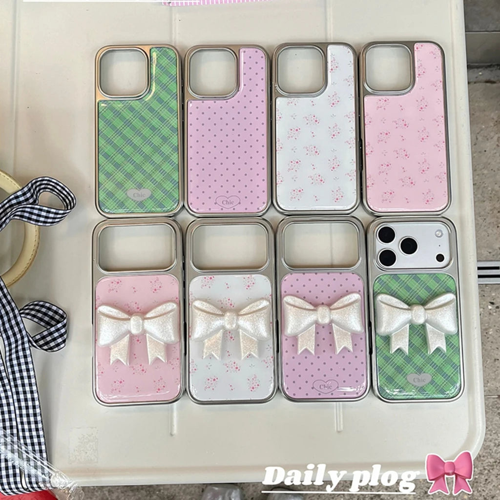 Sweet Flower Grid Pattern Wave Point Bowknot Decoration Silver Border Drop Glue Phone Cover Case for iPhone 17 16 15 14 Pro Max