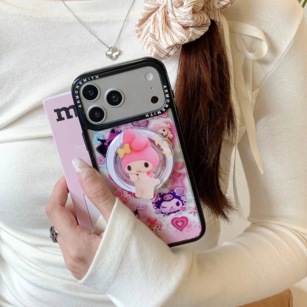 Sanrio Y2K Cute Cartoon Kuromi Melody Magnetic Stand Phone Case for IPhone 12 13 14 15 16 17 Pro Max Plus Cover with Chain Funda