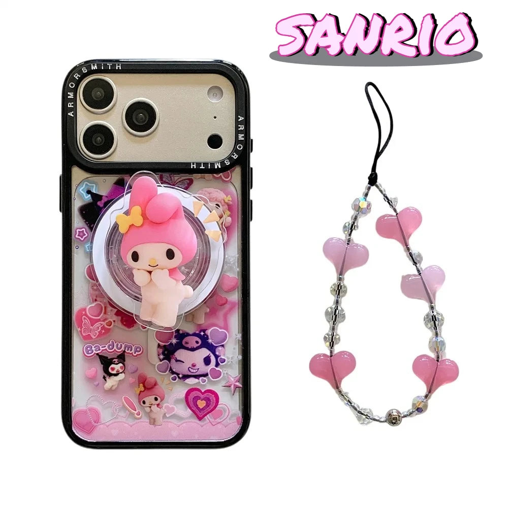 Sanrio Y2K Cute Cartoon Kuromi Melody Magnetic Stand Phone Case for IPhone 12 13 14 15 16 17 Pro Max Plus Cover with Chain Funda