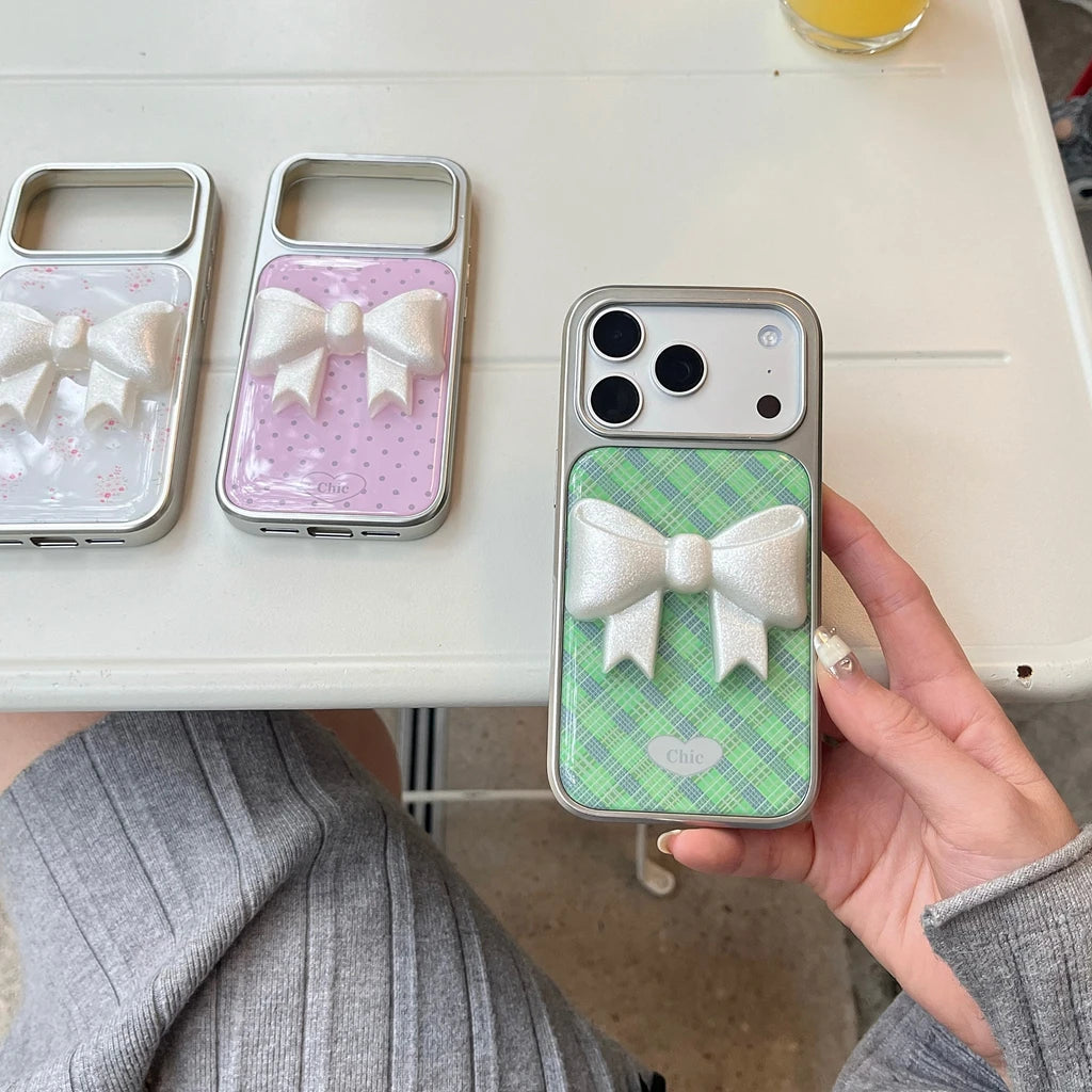 Sweet Flower Grid Pattern Wave Point Bowknot Decoration Silver Border Drop Glue Phone Cover Case for iPhone 17 16 15 14 Pro Max