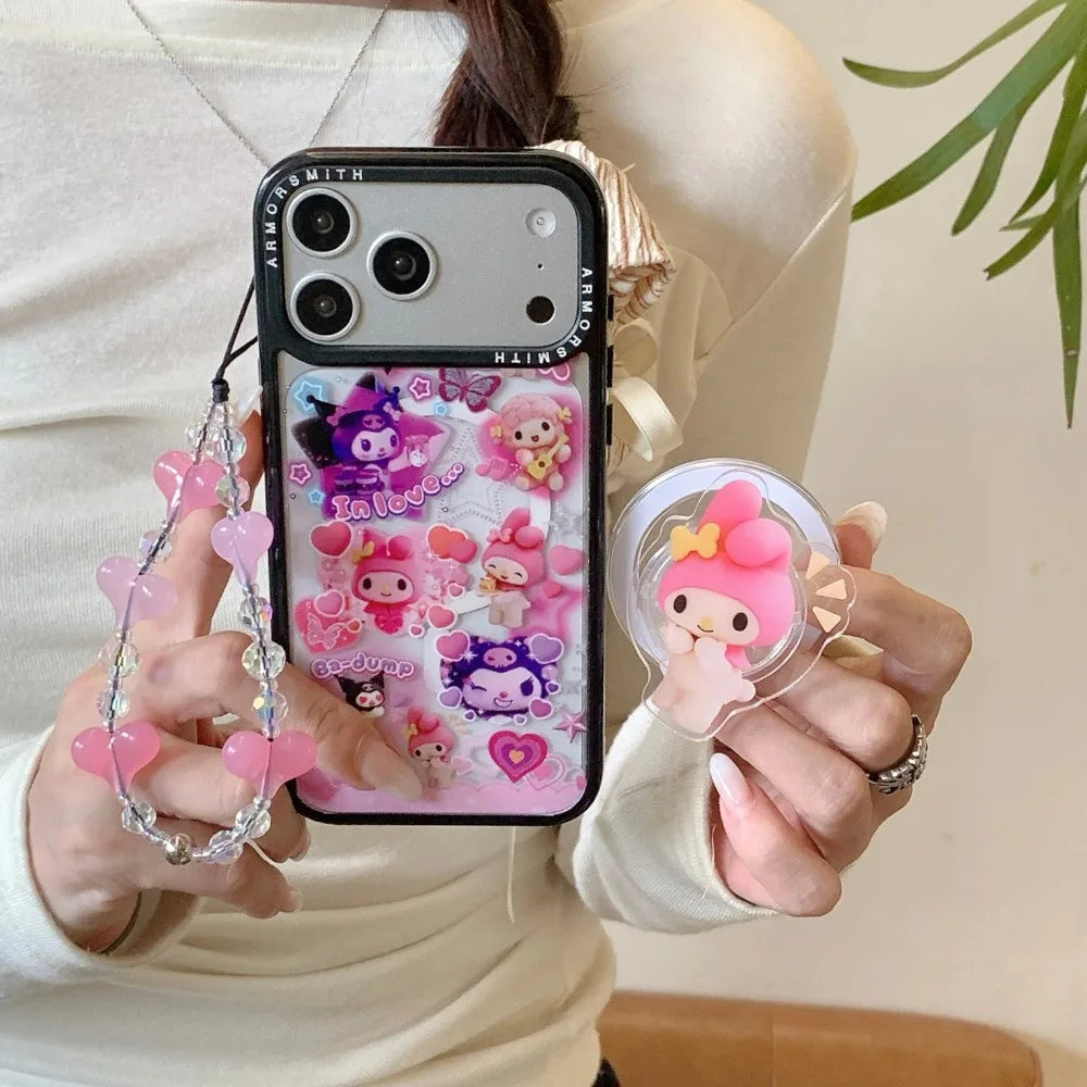 Sanrio Y2K Cute Cartoon Kuromi Melody Magnetic Stand Phone Case for IPhone 12 13 14 15 16 17 Pro Max Plus Cover with Chain Funda