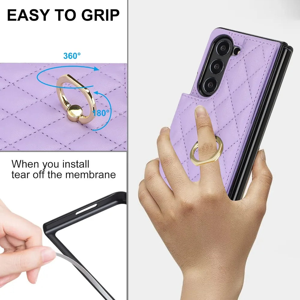 luxury Leather Ring Wallet Card Holder Phone Case for Samsung Galaxy Z Fold 7 6 5 4 with Kickstand Protective Cover
