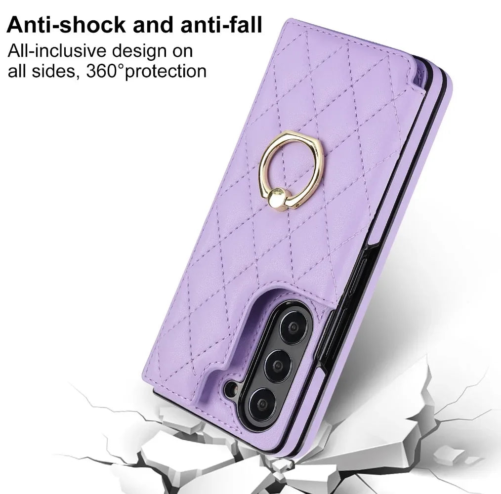 luxury Leather Ring Wallet Card Holder Phone Case for Samsung Galaxy Z Fold 7 6 5 4 with Kickstand Protective Cover