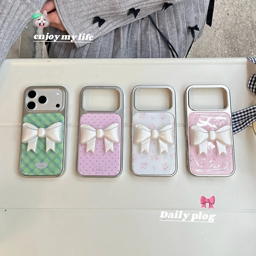 Sweet Flower Grid Pattern Wave Point Bowknot Decoration Silver Border Drop Glue Phone Cover Case for iPhone 17 16 15 14 Pro Max
